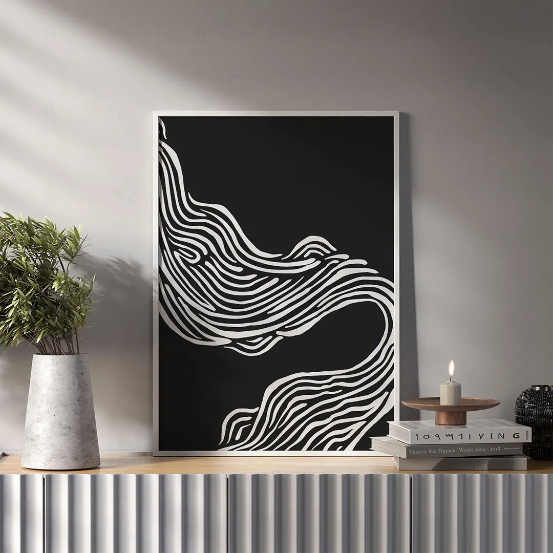 Plakat abstrakcyjny z liniami wiszący w nowoczesnym salonie