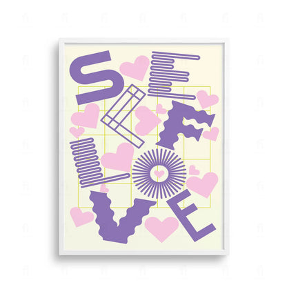 Plakat z kolorową grafiką w stylu pop art z napisem "Self Love" i sercem.
