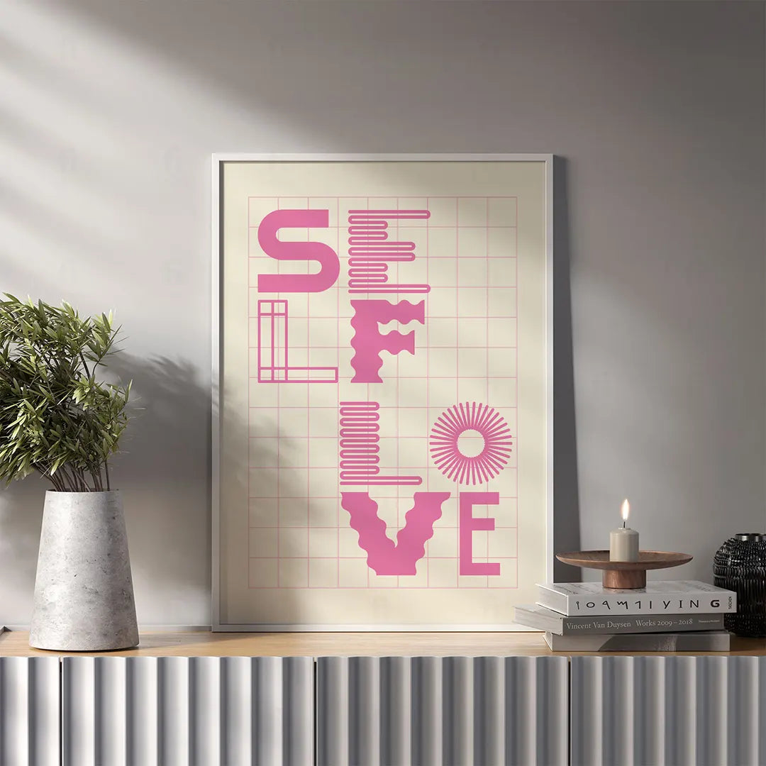 Plakat z kolorową grafiką w stylu pop art z napisem "Self Love"