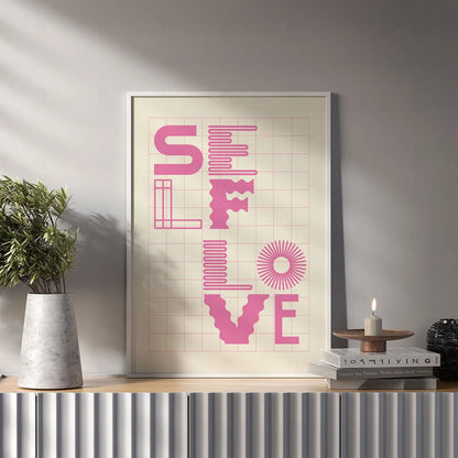 Plakat z kolorową grafiką w stylu pop art z napisem "Self Love"