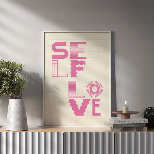Plakat z kolorową grafiką w stylu pop art z napisem "Self Love"