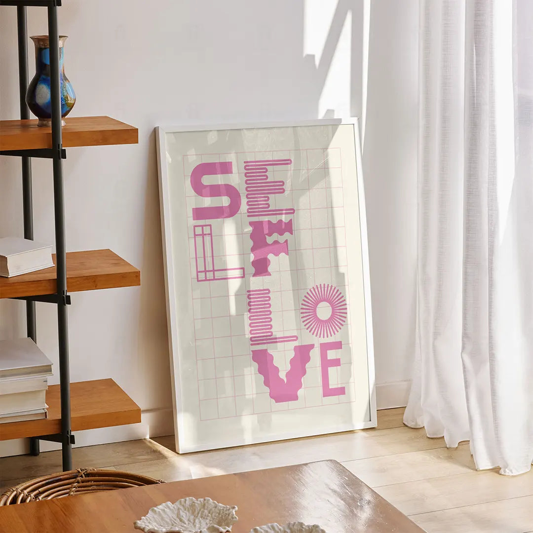 Plakat z kolorową grafiką w stylu pop art z napisem "Self Love"