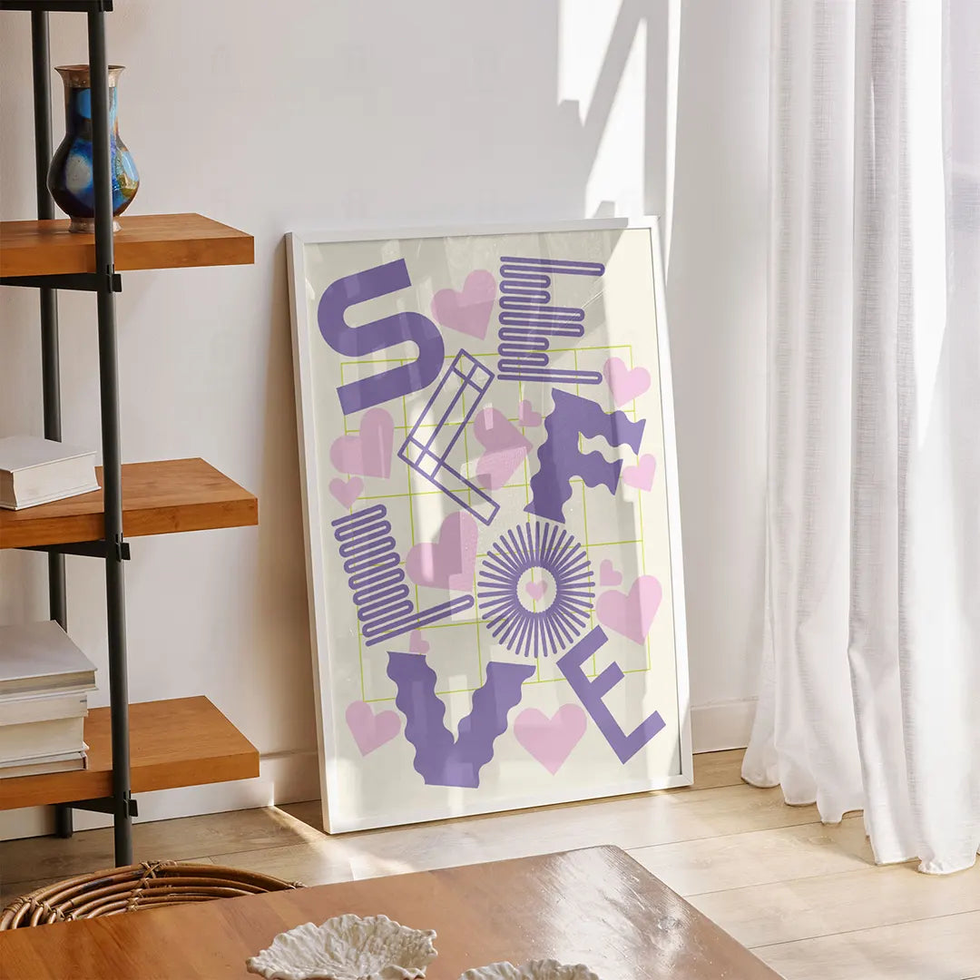 Plakat z kolorową grafiką w stylu pop art z napisem "Self Love" i sercem.
