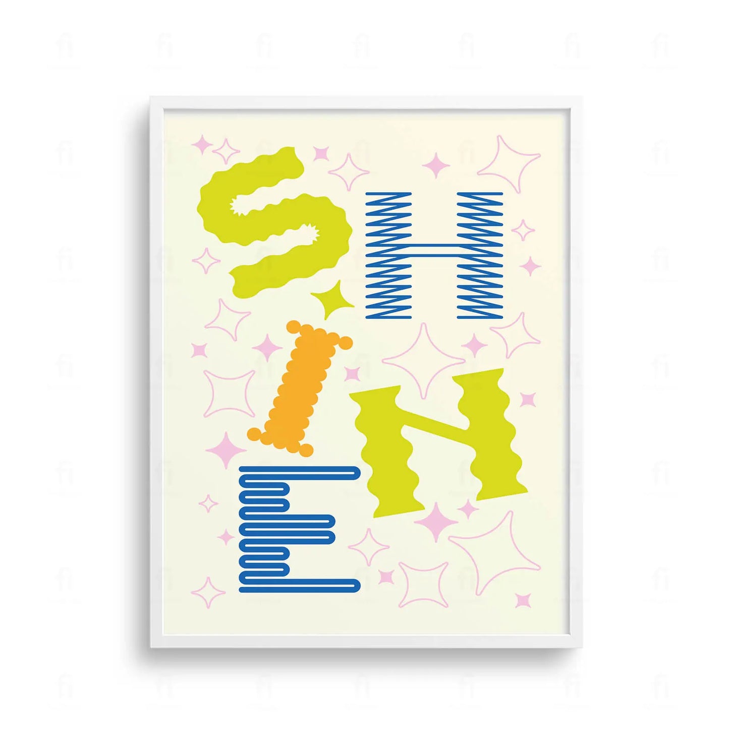 Plakat z kolorową, radosną grafiką i typografią z napisem "SHINE".
