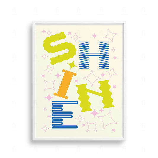 Plakat z kolorową, radosną grafiką i typografią z napisem "SHINE".

