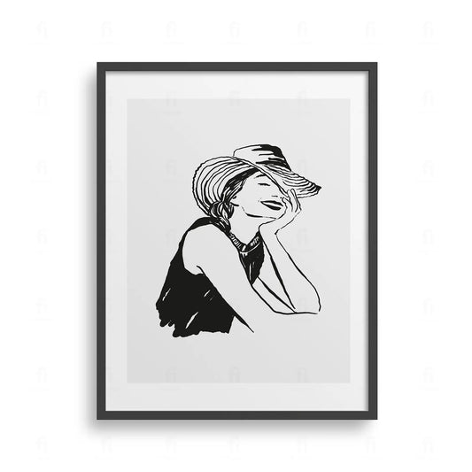 Plakat z artystyczną grafiką przedstawiającą kobietę w dużym kapeluszu, w stylu retro