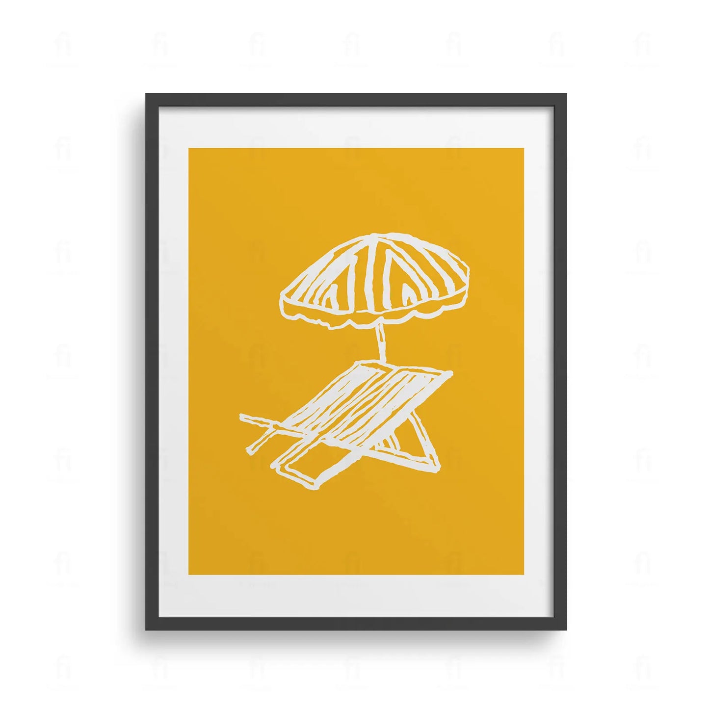 Plakat z minimalistyczną grafiką przedstawiającą leżak i parasol na plaży.
