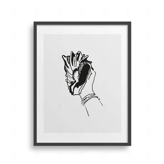 Plakat z minimalistyczną grafiką przedstawiającą muszlę morską w ręce 
