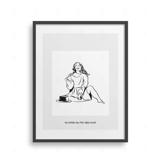 Plakat z artystyczną grafiką przedstawiającą kobietę jedzącą deser z pucharka.
