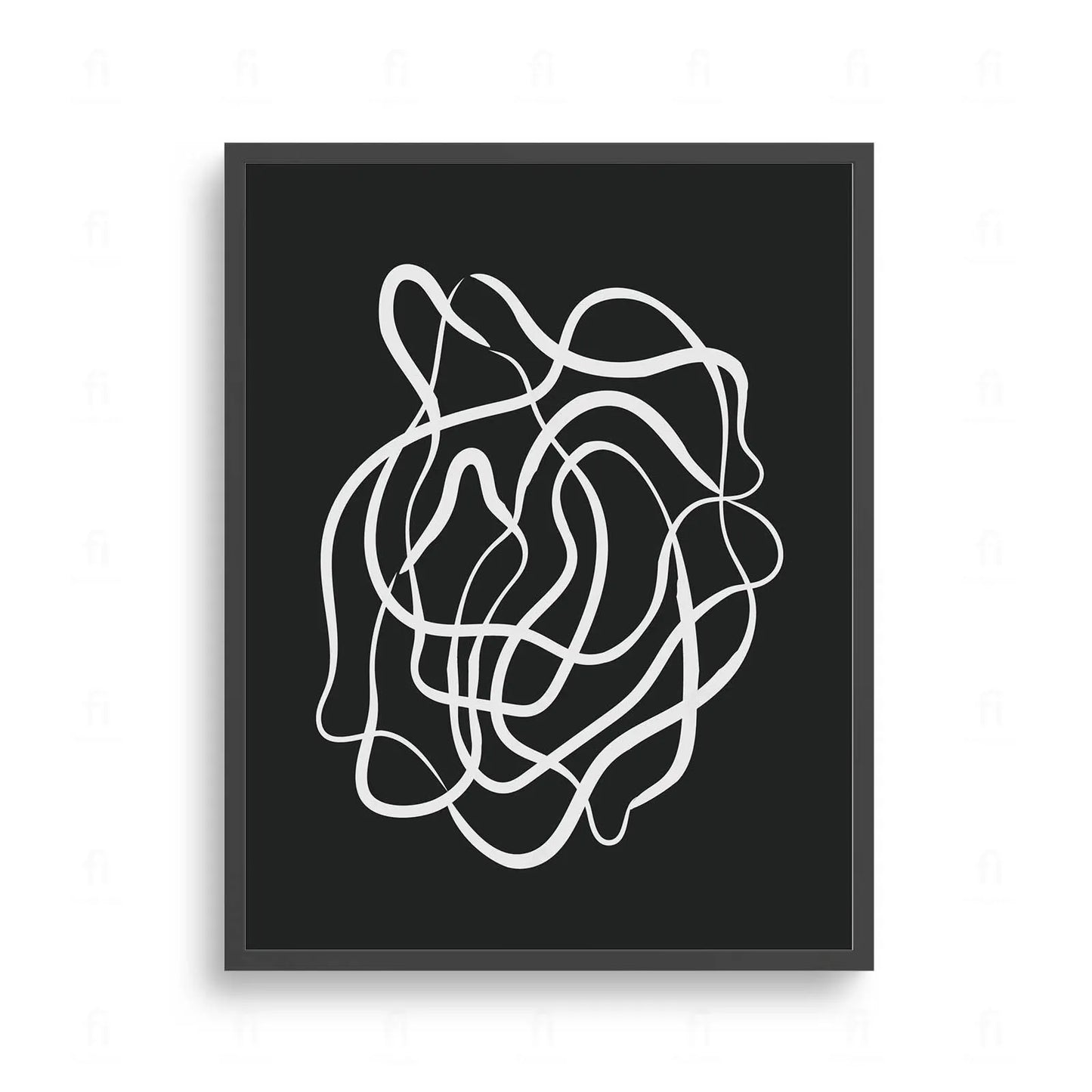  Plakat z czarno-białą, abstrakcyjną grafiką przedstawiającą dynamiczne, płynne, falujące linie.
