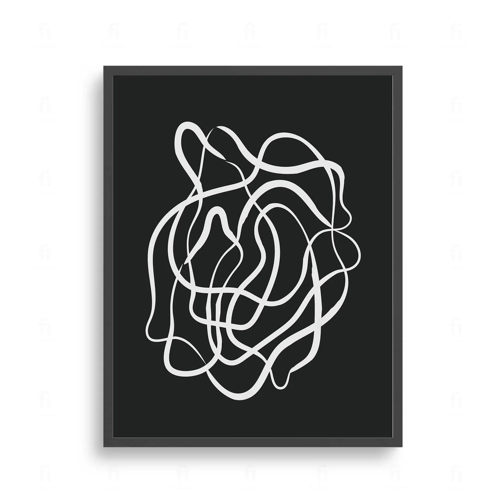  Plakat z czarno-białą, abstrakcyjną grafiką przedstawiającą dynamiczne, płynne, falujące linie.
