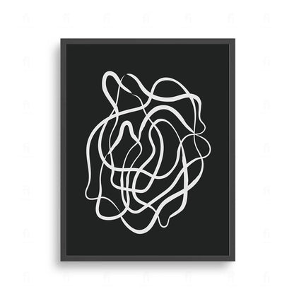  Plakat z czarno-białą, abstrakcyjną grafiką przedstawiającą dynamiczne, płynne, falujące linie.
