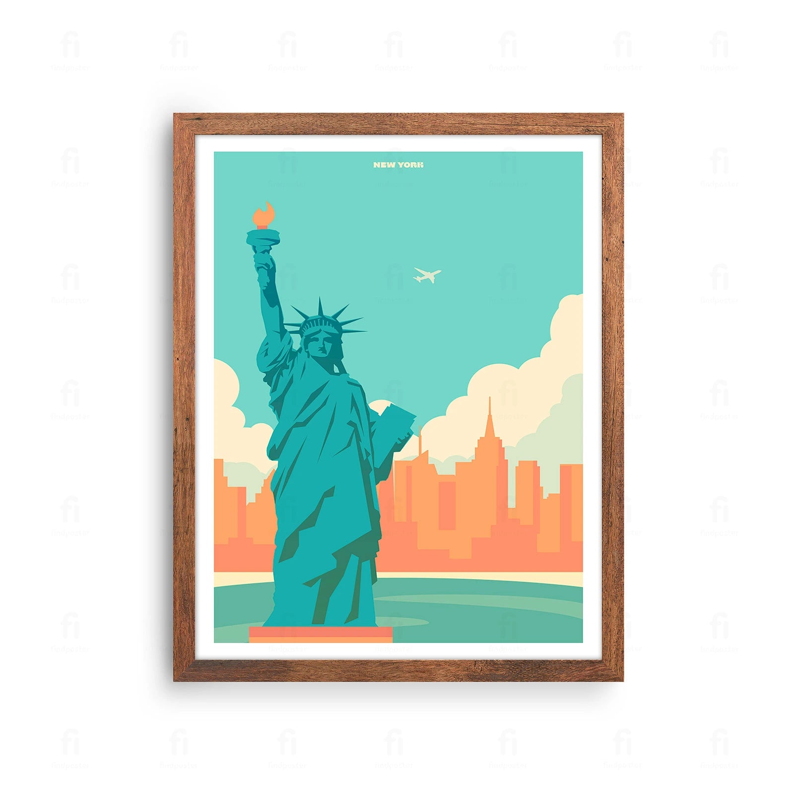 Plakat z artystyczną grafiką przedstawiającą Statuę Wolności w Nowym Jorku.
