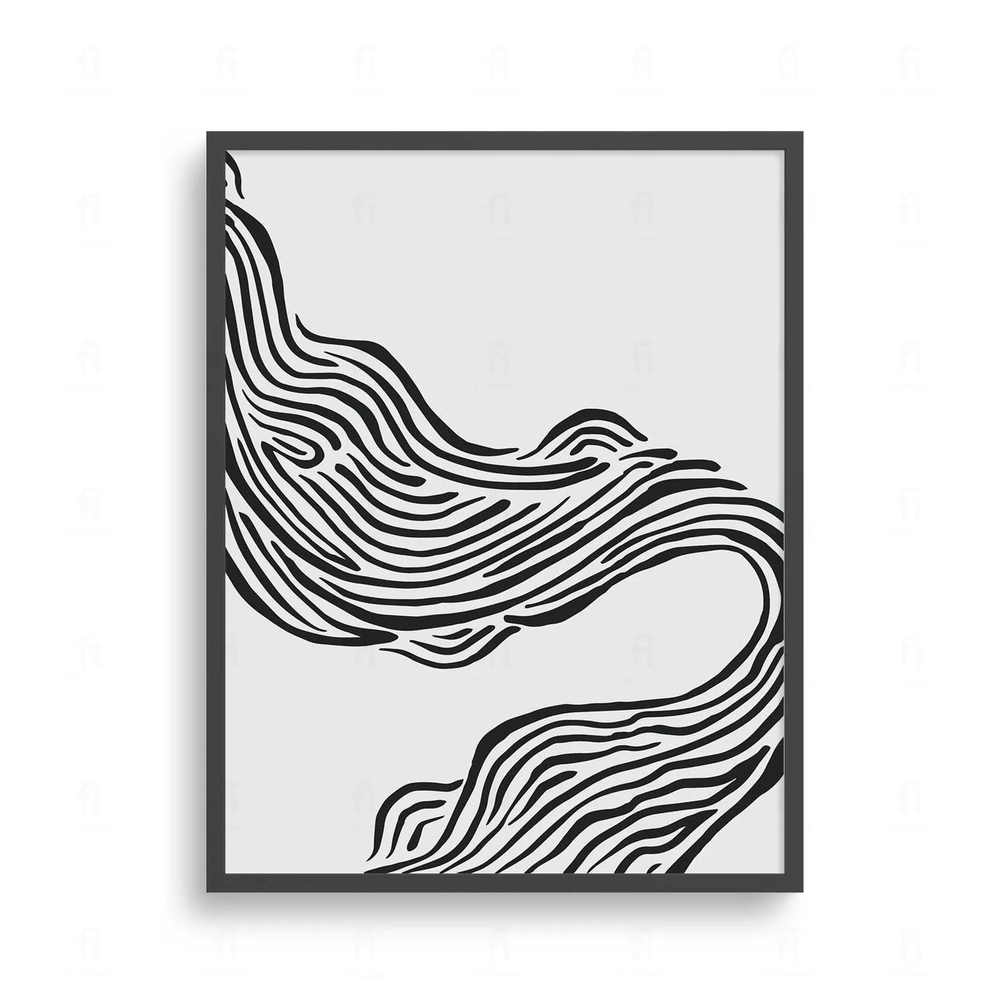 Plakat z czarno-białą, abstrakcyjną grafiką przedstawiającą dynamiczne, płynne, falujące linie.
