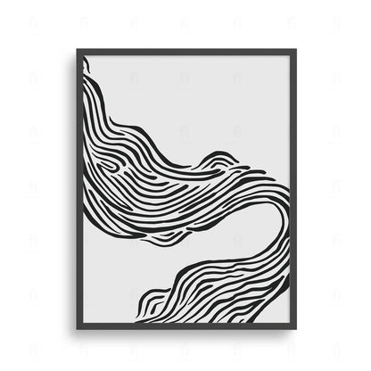 Plakat z czarno-białą, abstrakcyjną grafiką przedstawiającą dynamiczne, płynne, falujące linie.
