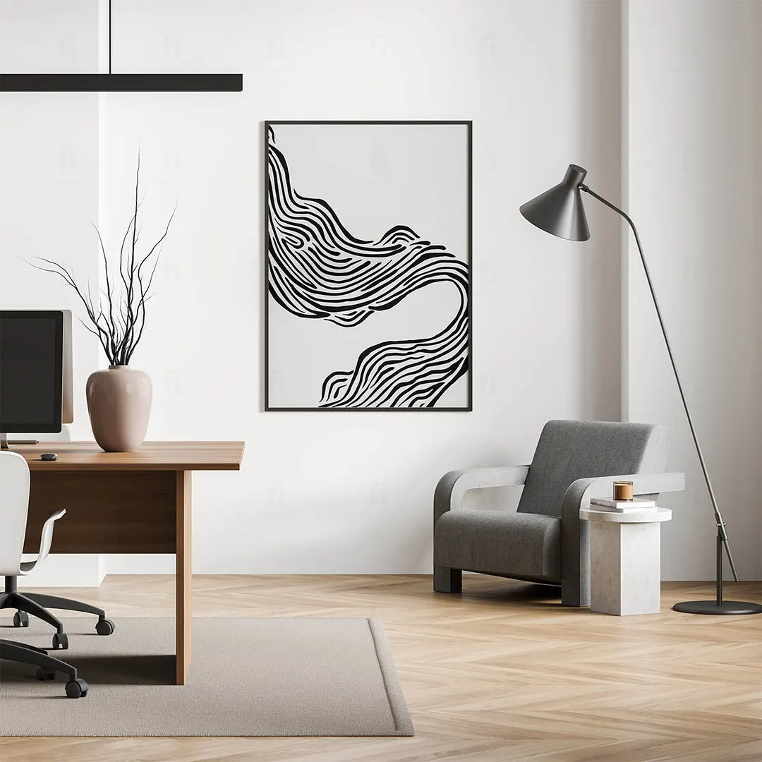 Plakat abstrakcyjny z liniami wiszący w nowoczesnym biurze.
