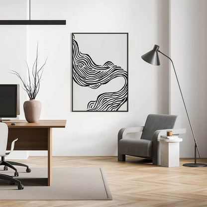Plakat abstrakcyjny z liniami wiszący w nowoczesnym biurze.
