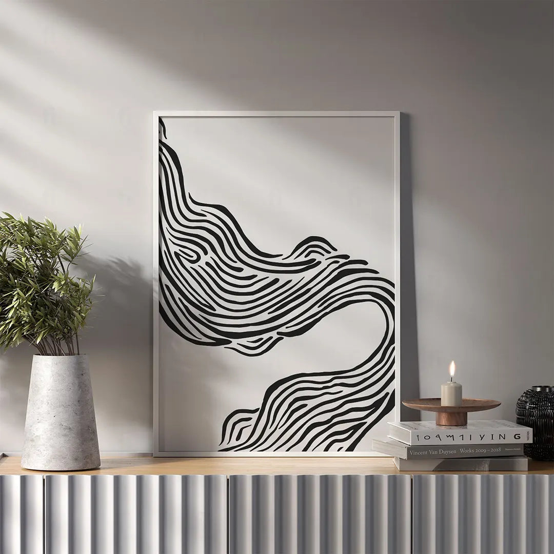 Plakat abstrakcyjny z liniami wiszący w nowoczesnym salonie