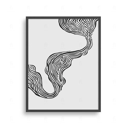 Plakat z czarno-białą, abstrakcyjną grafiką przedstawiającą dynamiczne, płynne, falujące linie.