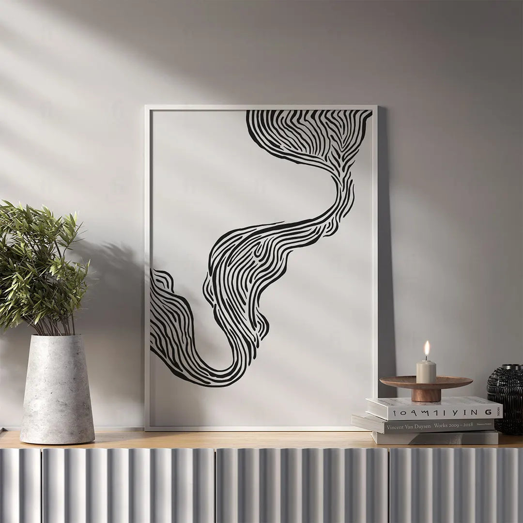 Plakat abstrakcyjny z liniami wiszący w nowoczesnym salonie