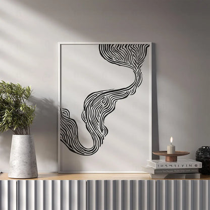 Plakat abstrakcyjny z liniami wiszący w nowoczesnym salonie