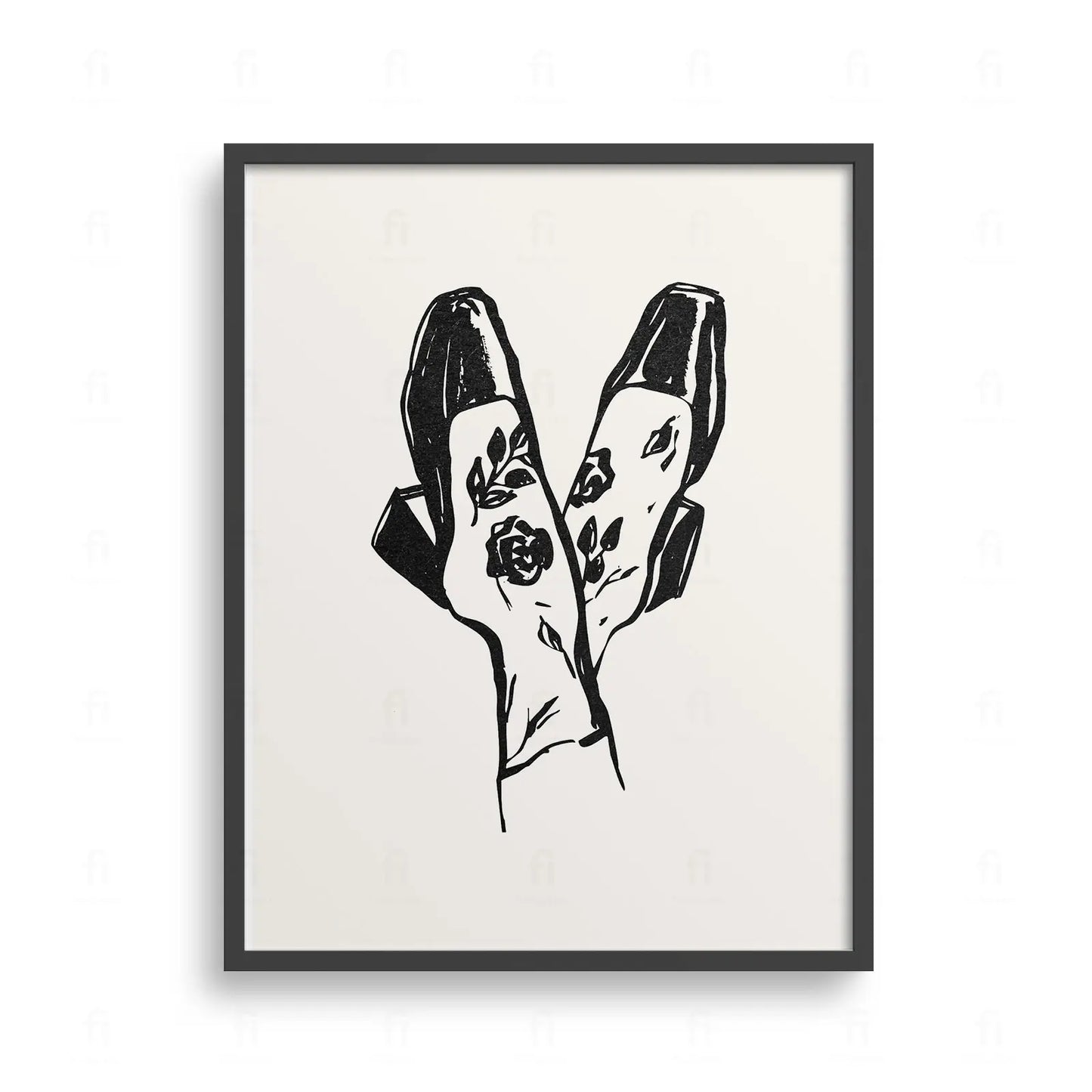 Plakat z nowoczesną, czarno-białą grafiką przedstawiającą parę stylowych butów.