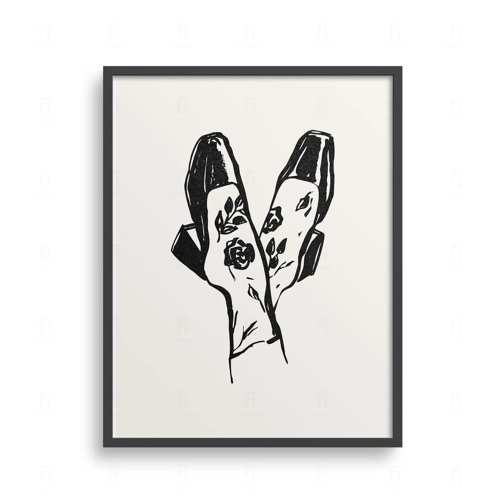 Plakat z nowoczesną, czarno-białą grafiką przedstawiającą parę stylowych butów.