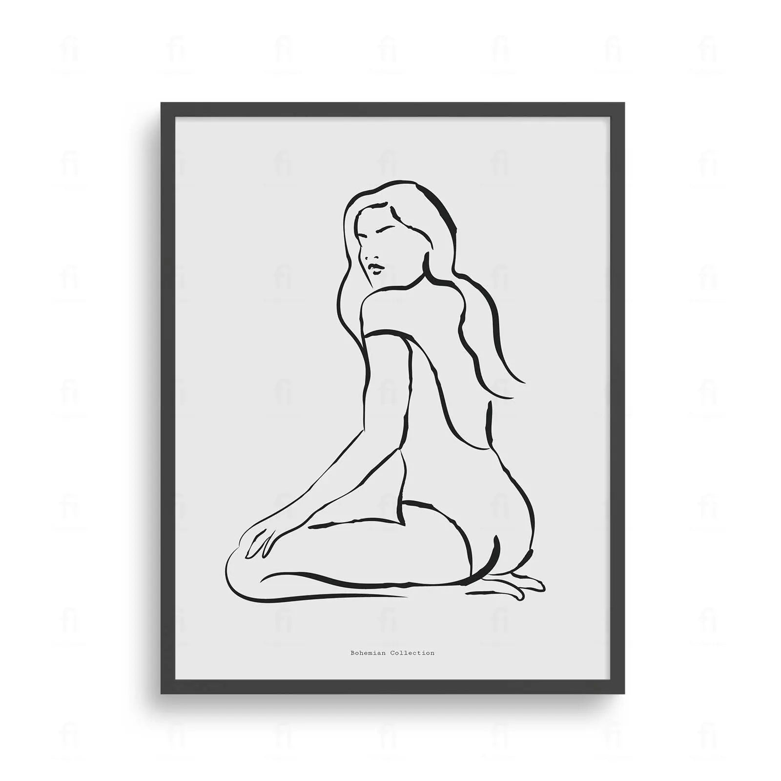 Ta minimalistyczna grafika w stylu "one line art" przedstawia kobiecą sylwetkę w jednym, płynnym geście