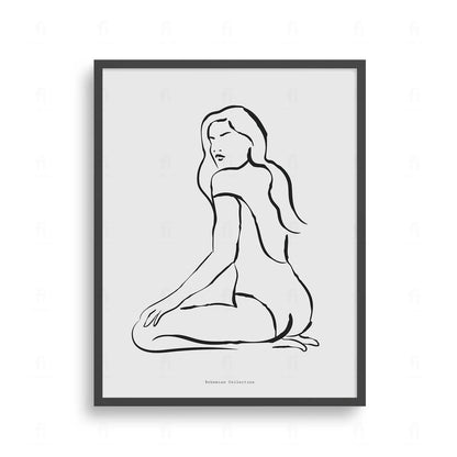 Ta minimalistyczna grafika w stylu "one line art" przedstawia kobiecą sylwetkę w jednym, płynnym geście