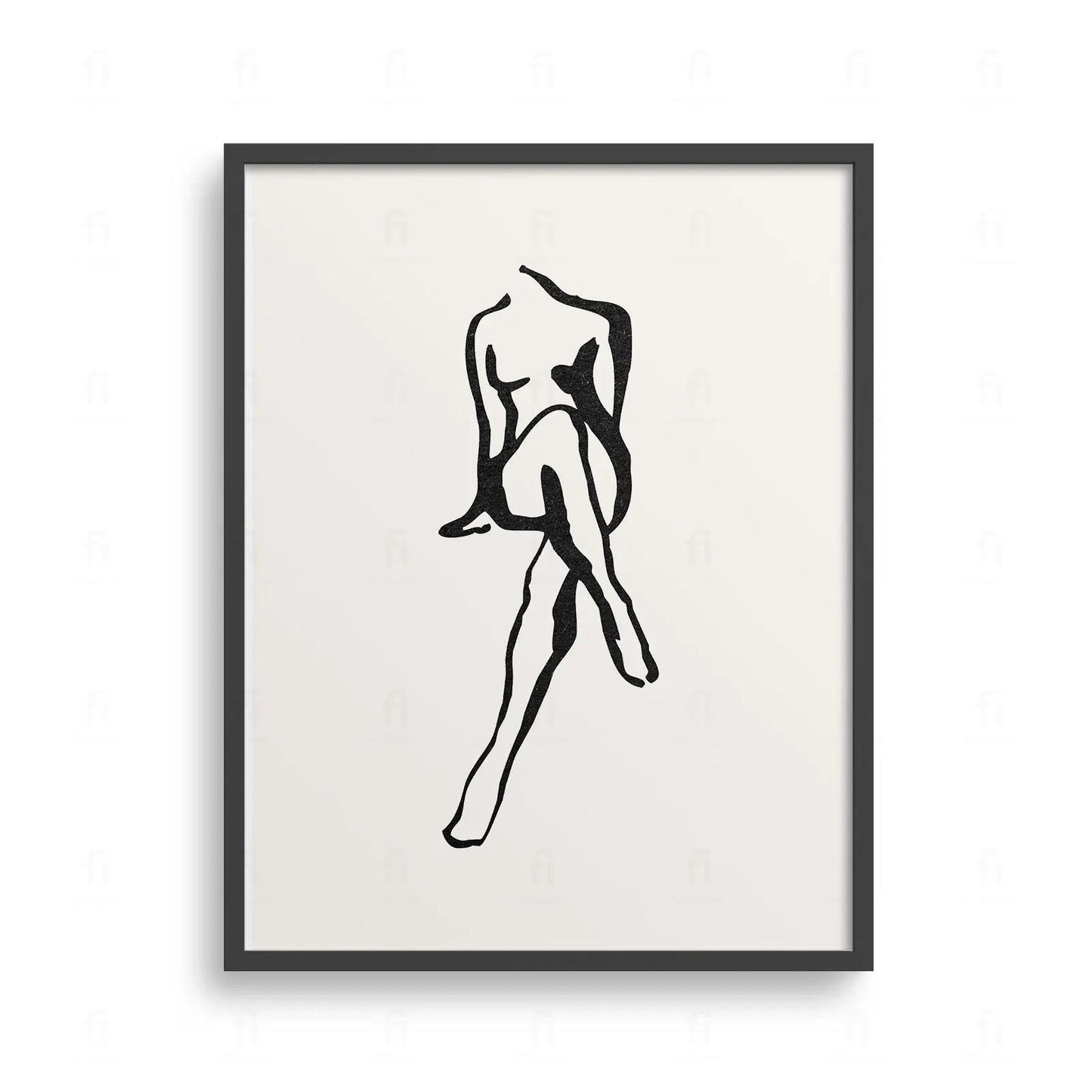 Plakat z minimalistyczną grafiką przedstawiającą kobiecy akt, narysowany jedną, ciągłą, czarną linią.