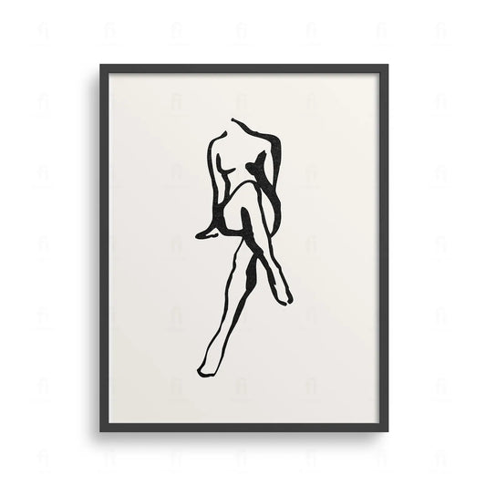 Plakat z minimalistyczną grafiką przedstawiającą kobiecy akt, narysowany jedną, ciągłą, czarną linią.