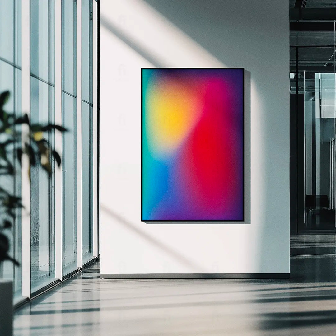 rozmyty gradient w odcieniach różu, pomarańczu i błękitu, przypominający zachód słońca nad wodą.
