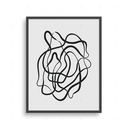 Plakat z czarno-białą, minimalistyczną grafiką przedstawiającą jedną, swobodnie płynącą linię.
