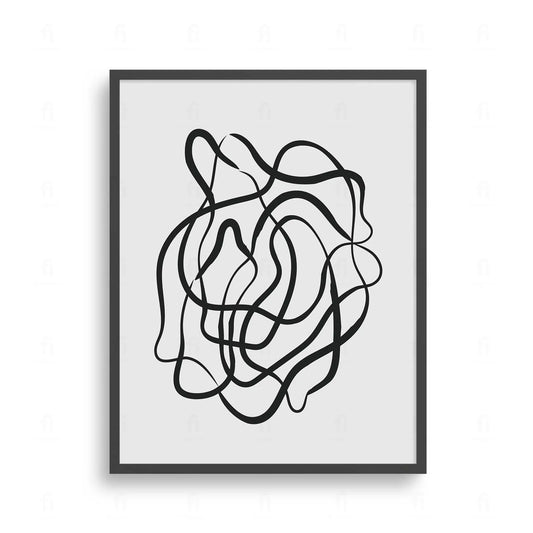 Plakat z czarno-białą, minimalistyczną grafiką przedstawiającą jedną, swobodnie płynącą linię.
