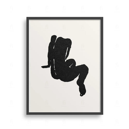 Plakat z abstrakcyjną, czarno-białą grafiką przedstawiającą siedzącą, zamyśloną postać.