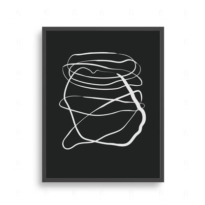 Plakat z czarno-białą, abstrakcyjną grafiką w stylu swobodnego szkicu wykonanego jedną linią.