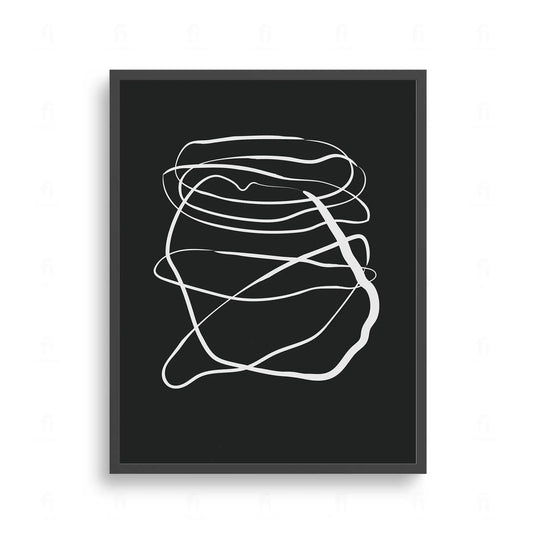 Plakat z czarno-białą, abstrakcyjną grafiką w stylu swobodnego szkicu wykonanego jedną linią.