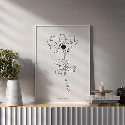 Plakat z anemonem wiszący w sypialni w stylu minimalistycznym.

