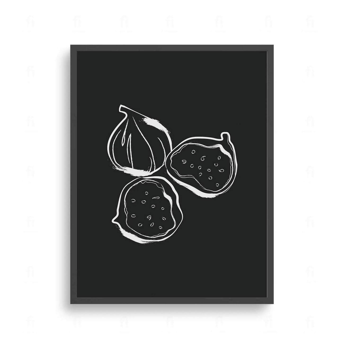 Plakat z czarno-białą grafiką przedstawiającą figi na ciemnym tle.
