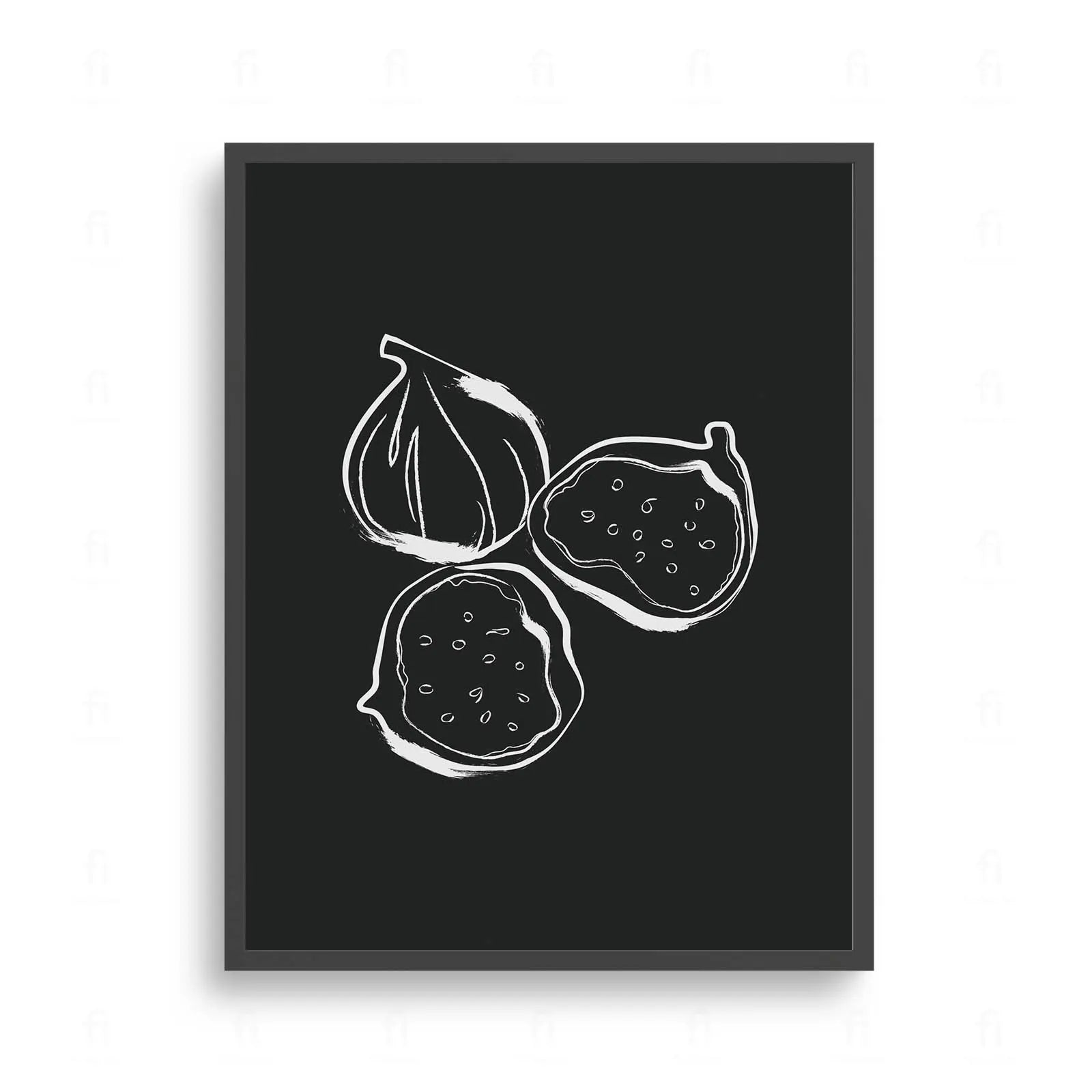 Plakat z czarno-białą grafiką przedstawiającą figi na ciemnym tle.
