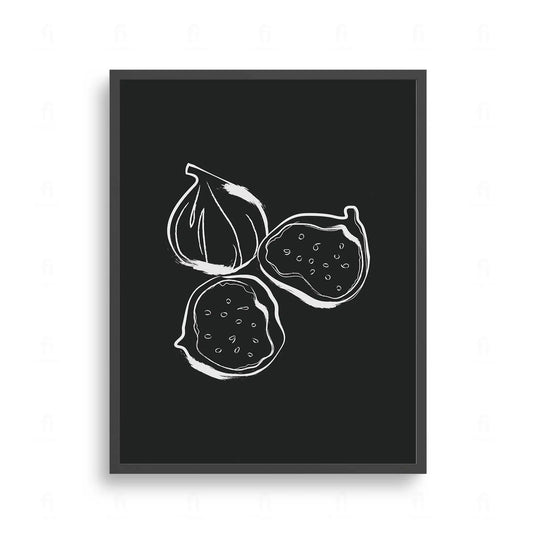 Plakat z czarno-białą grafiką przedstawiającą figi na ciemnym tle.
