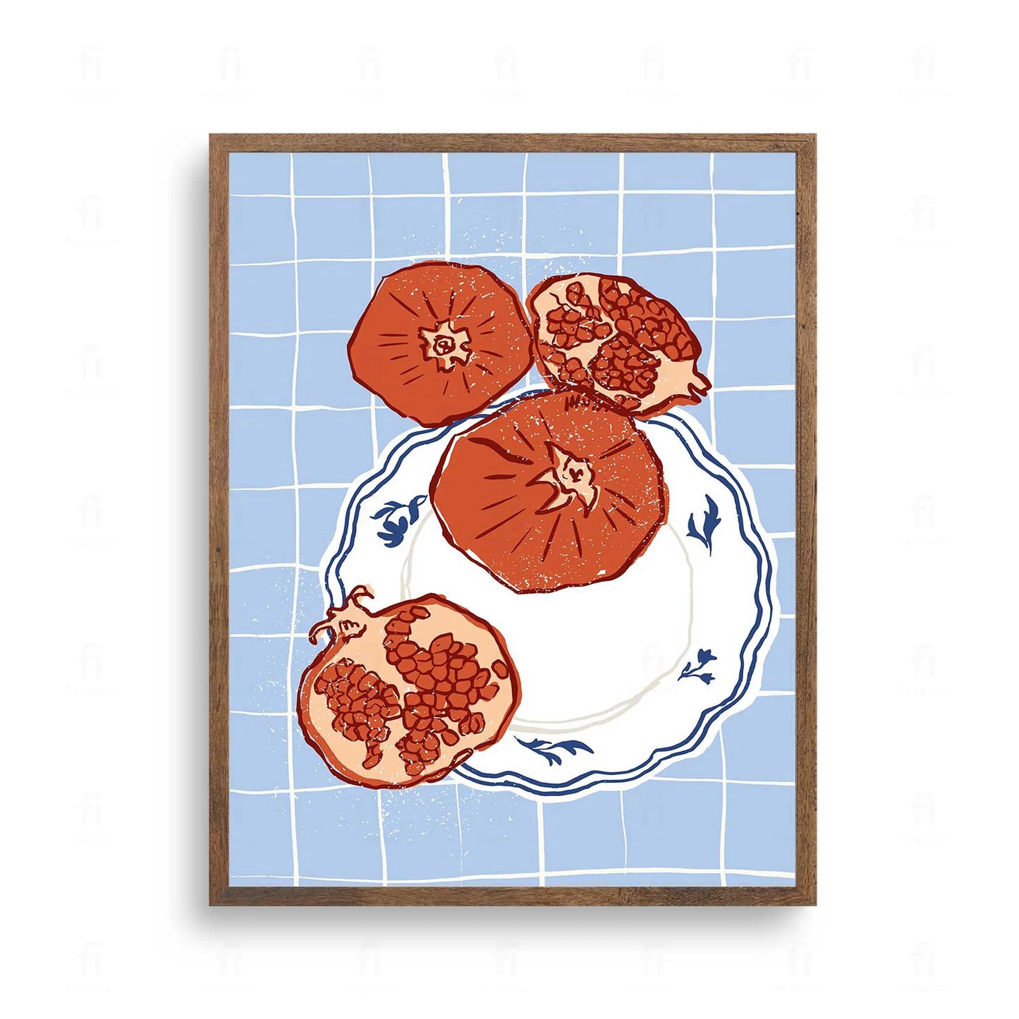 Plakat ze stylową grafiką przedstawiającą owoce granatu na talerzu.
