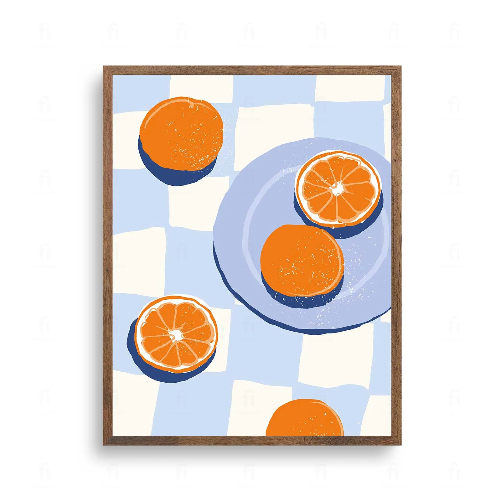 Plakat z artystyczną grafiką przedstawiającą świeże pomarańcze ułożone na talerzu.
