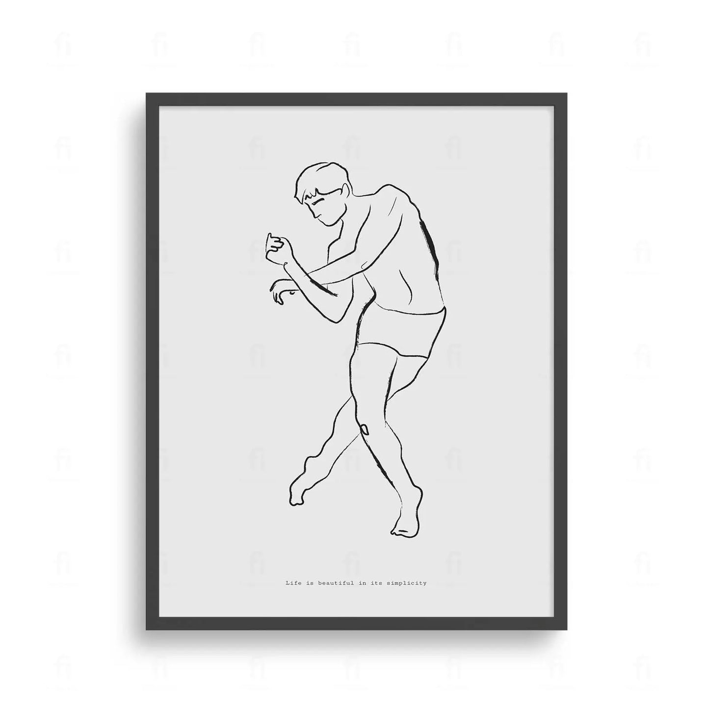 Plakat z czarno-białą grafiką line art przedstawiającą postać tańczącego mężczyzny.
