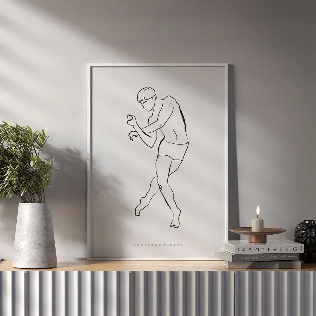 Plakat z czarno-białą grafiką line art przedstawiającą postać tańczącego mężczyzny w salonie
