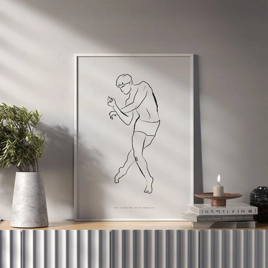 Plakat z czarno-białą grafiką line art przedstawiającą postać tańczącego mężczyzny w salonie
