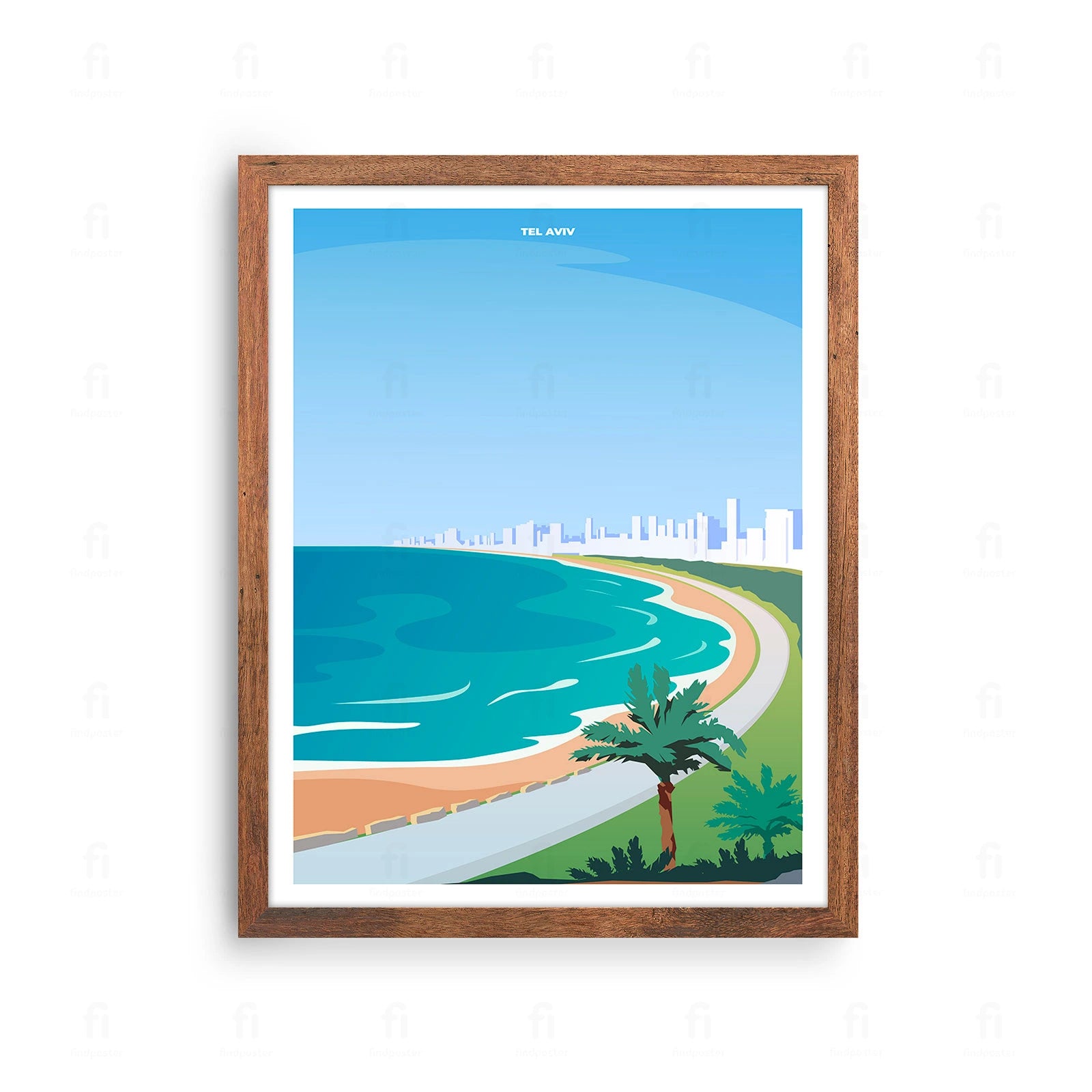 Plakat z artystyczną grafiką przedstawiającą panoramę Tel Awiwu w Izraelu, z plażą i wieżowcami.
