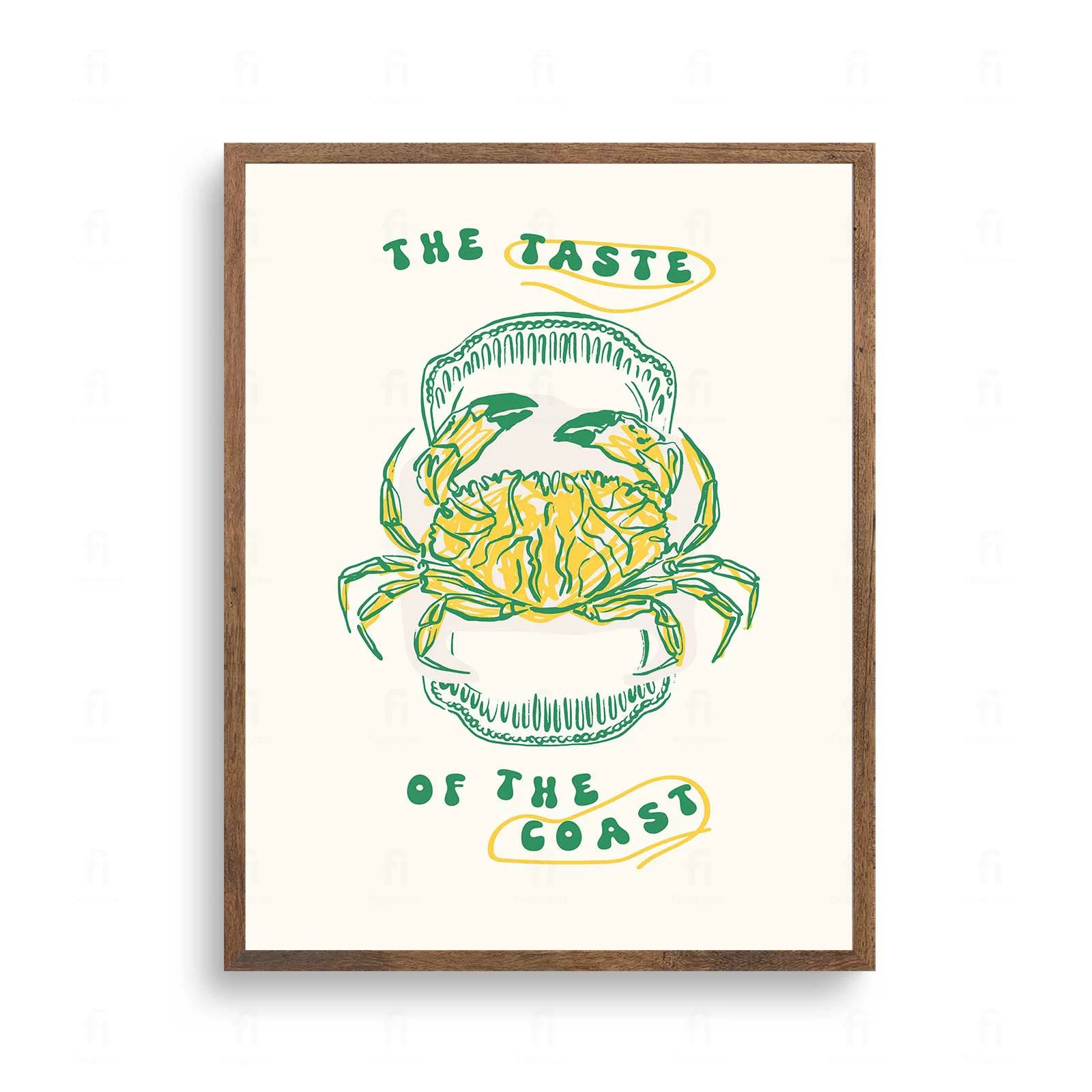Plakat z grafiką z owocami morza i napisem "The Taste of the Coast".

