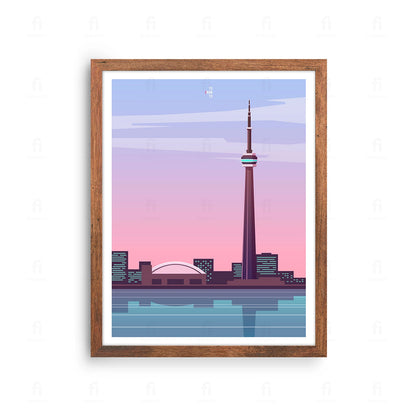  Plakat z artystyczną grafiką przedstawiającą panoramę Toronto z wieżą CN Tower o zachodzie słońca.
