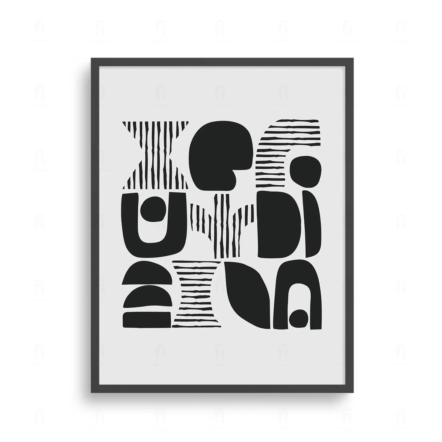 Plakat z czarno-białą, abstrakcyjną grafiką przedstawiającą kompozycję geometrycznych kształtów przypominającą totem.
